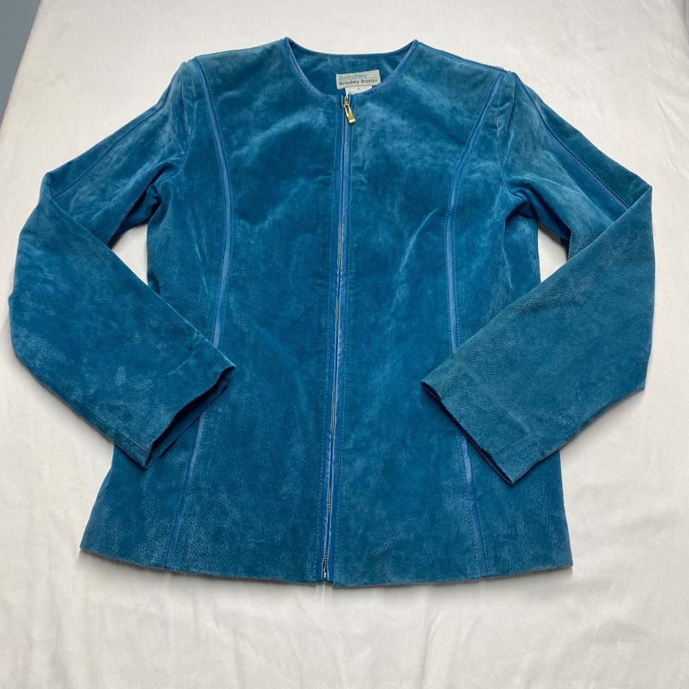 Bradley Bayou Teal Blue Genuine Leather Suede Collarless Zip Up Jacket Small